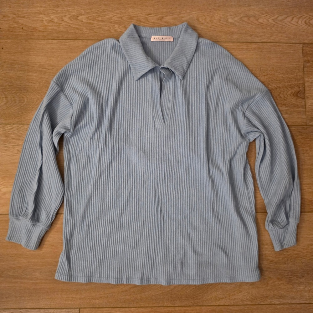 Blue Blush Ribbed Knit Polo Pullover, Small